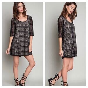 Umgee Lace Lined A-Line Dress Black Tan Small